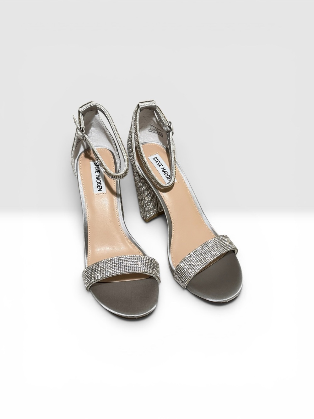 NIB Steve Madden Carrson Rhinestone Block Heel Sandals Silver, Size 11